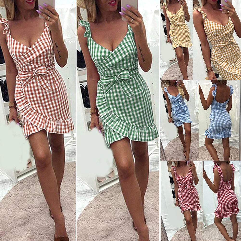 Женское повседневное клетчатое платье в винтажном стиле с оборками и открытой