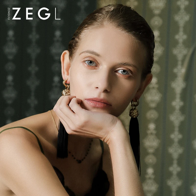 ZEGL ретро длинные серьги женские темперамент кисточкой ушные клипсы черные серьги пирсинг холодный ветер темно-черный