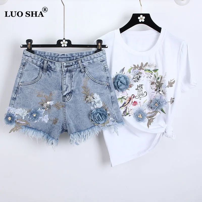 Женский летний костюм двойка LUOSHA футболка с коротким рукавом и 3D цветочной