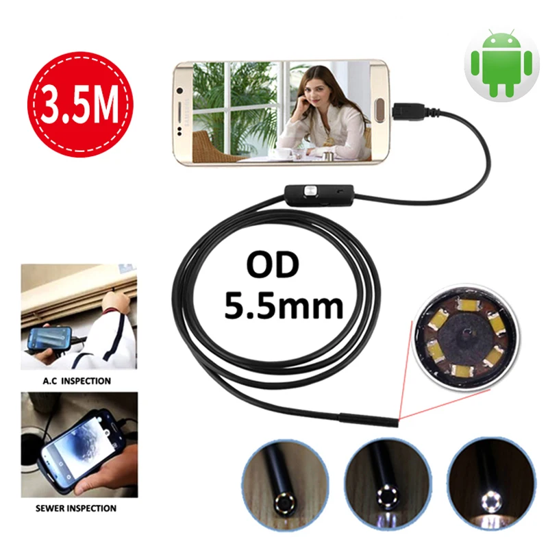 Эндоскоп Android USB камера 3.5M 5.5мм трубная инспекция телефон Мини змея Водонепроницаемый кабель.