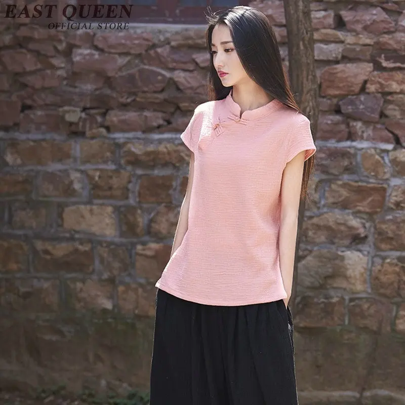 Женская льняная рубашка с коротким рукавом и воротником стойкой Cheongsam элегантная