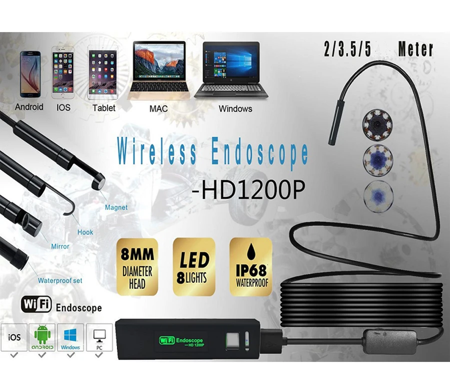 USB Endoscope Camera HD 1200P IP68 Tube Wifi Borescope Inspection Android and IOS Snake Video | Безопасность и защита