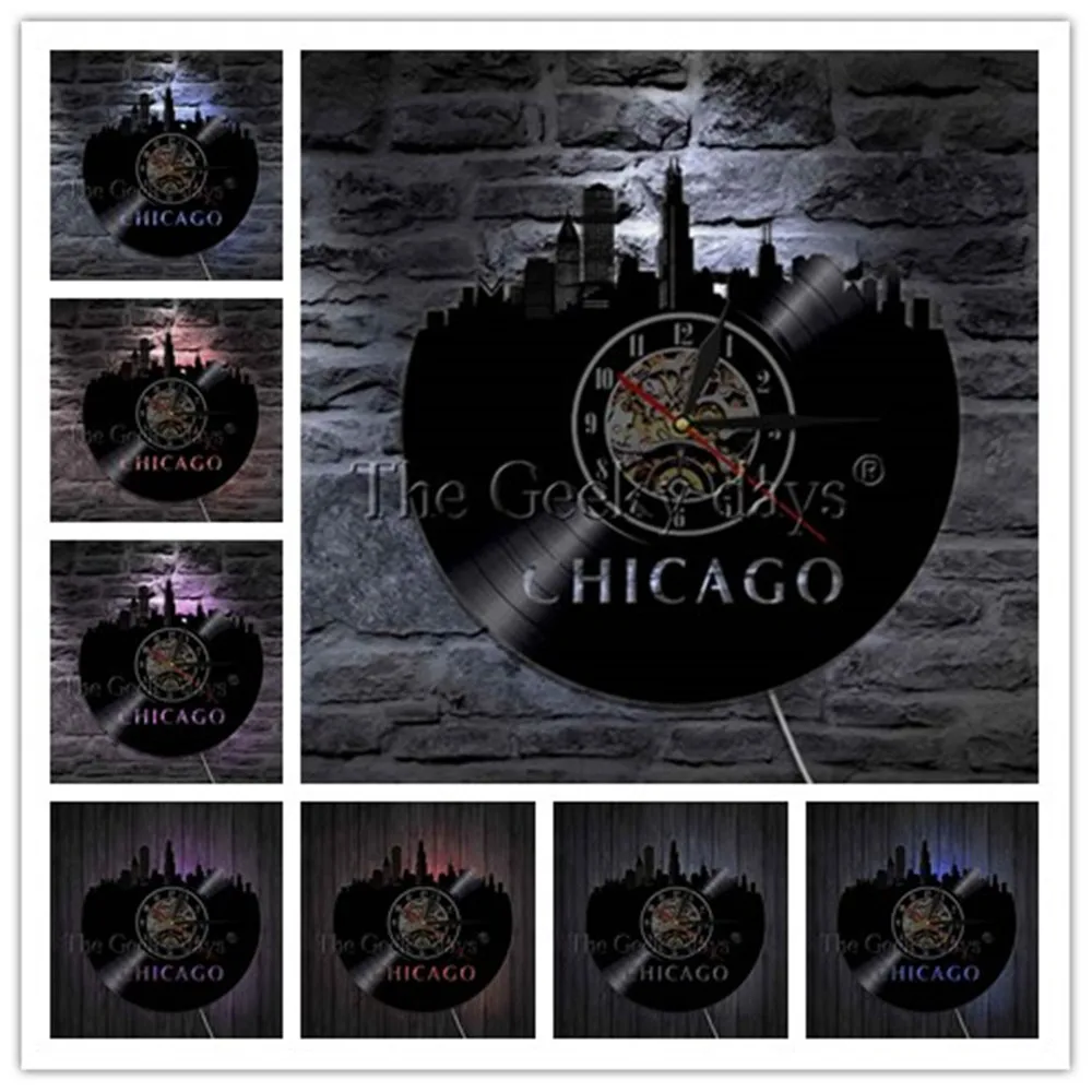 Чикаго Иллинойс виниловых пластинок настенные часы светодиодный Wall Art