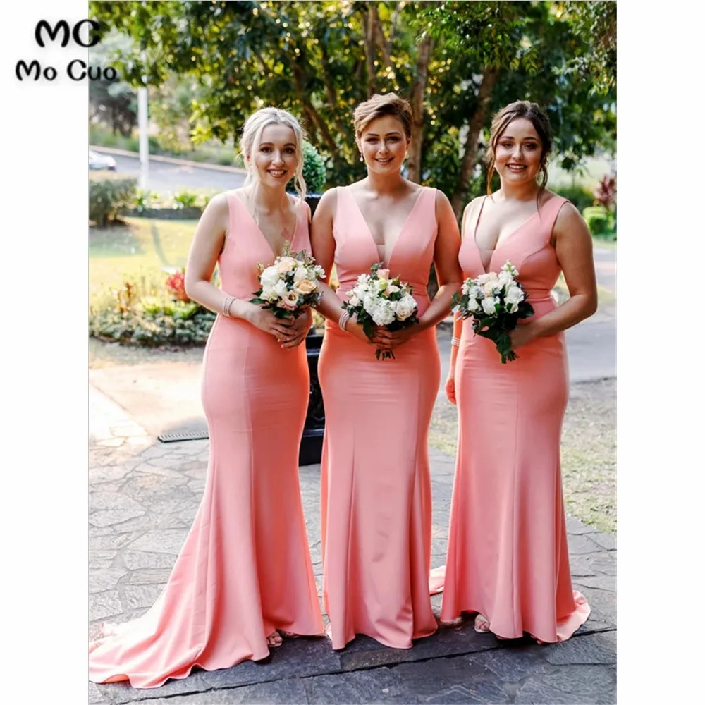 

Elegant Mermaid Bridesmaid Dresses Long V-Neck Tank Wedding Party Gown In Stock Elastic Satin Evening Gown Bridesmaid Dress