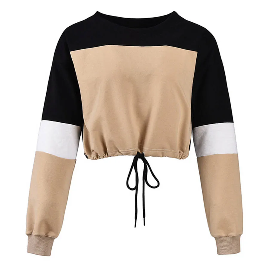 

Autumn & Winter New Color Stitching O-Neck Women's Clothing Drawstring Sexy Oxposed Navel Large Size Short Sweatshirt Women