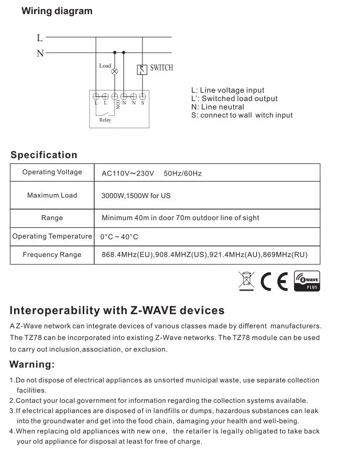 LPSECURITY экологичный Z-Wave умный модуль затвора Макс. Нагрузочный резистивный 13A 3000 Вт 868,42