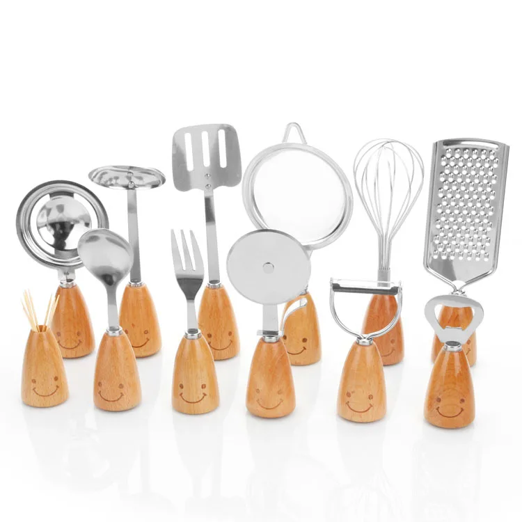 

12Pcs/Set Sets Of Korean Wooden Handle Smiling Face Tableware Suit Stainless For Kitchen Gadgets Suit Cooking Tools