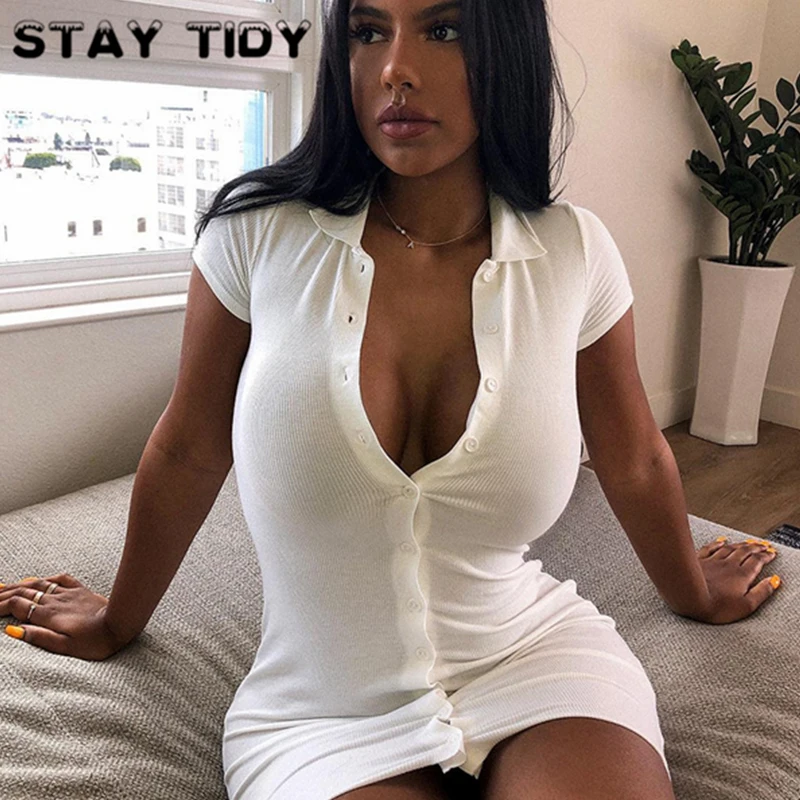 STAY TIDY Sexy Knitted Single Button Split Bodycon Dress Summer Women Short Sleeve Polo Neck Mini Dress Party Club Dress