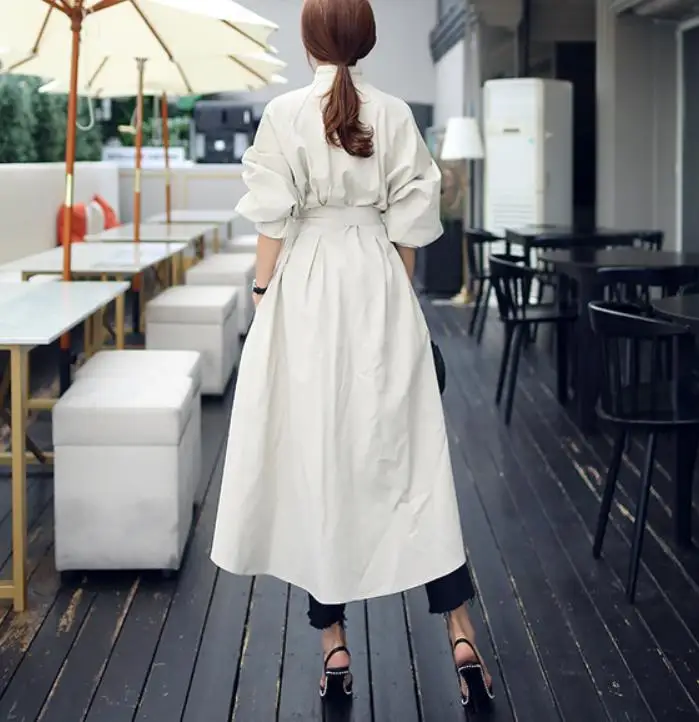 2021 New Spring fashion Stand Collar Long Sleeve Personality Wiast Tie Loose single breasted Women trench Coat | Женская одежда