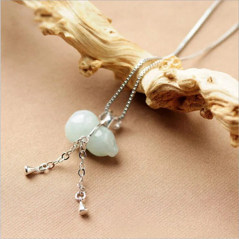 

925 Silver Jade Natural Emerald Gourd Shape Trendy Charm Necklace Pendant for Lovers Gift