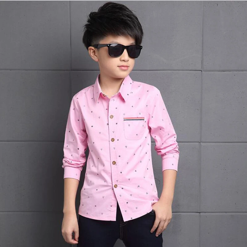 Розовая рубашка для мальчика хлопковая детей модная с длинным рукавом и принтом