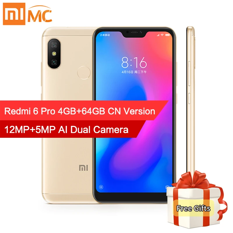 Оригинальный Xiaomi Redmi 6 Pro 4 ГБ Оперативная память 64 Встроенная мобильного телефона