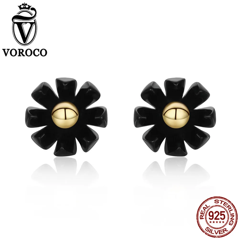 Voroco черный цветок пестик уникальный Серьги гвоздики для Для женщин 100% Pure 925