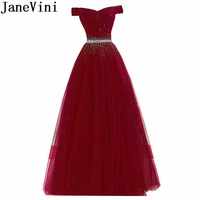 janevini off shoulder long burgundy party dress crystal beaded 2019 a line tulle bridesmaid dresses lace up back formal gowns