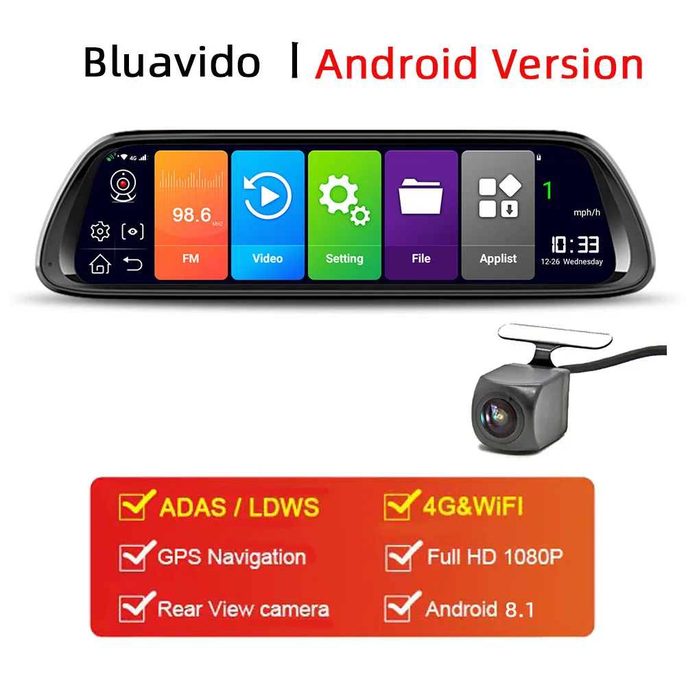 Android 8.1 Version Bluavido 4G Android 8,1 Dash камера 10 дюймов зеркало заднего вида GPS навигация FHD 1080P Автомобильный видеорегистратор видео регистратор WiFi рекордер - Название цвета: Android 8.1 Version