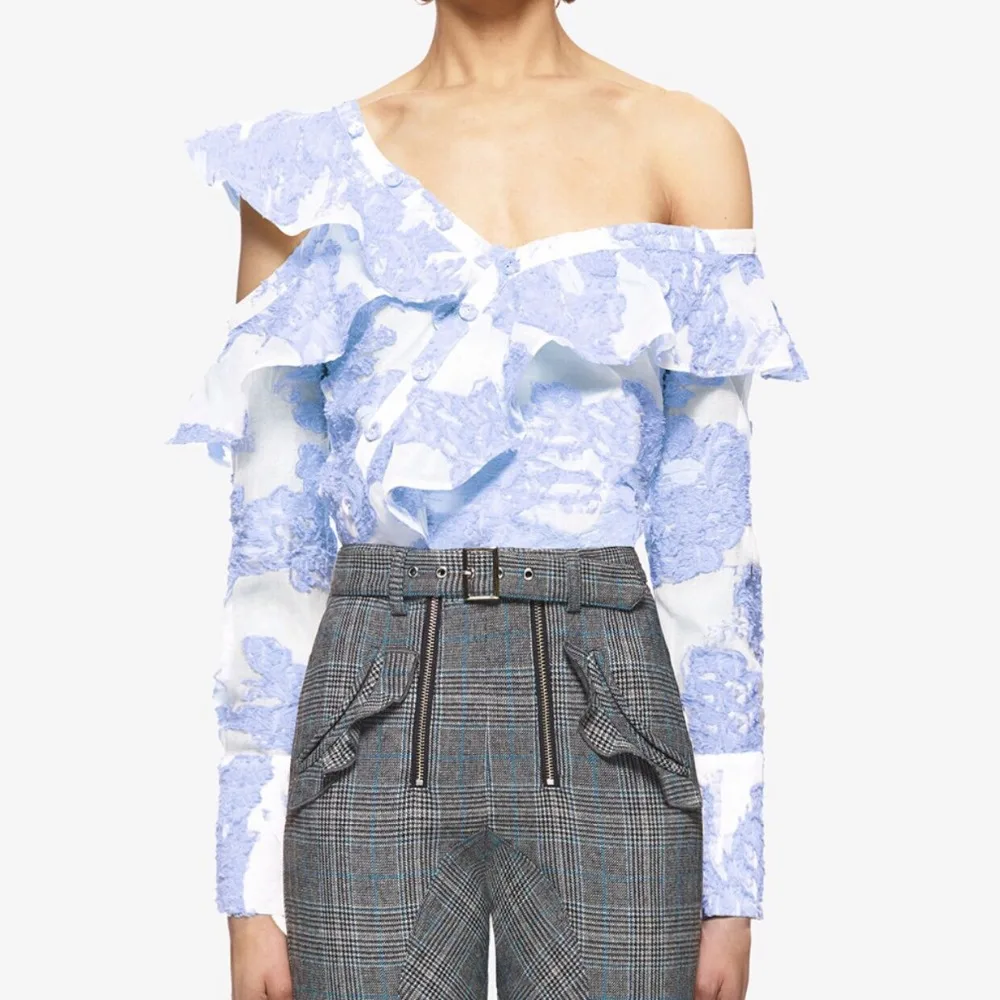 2018 осенние женские Топы с длинным рукавом вышивкой открытыми плечами