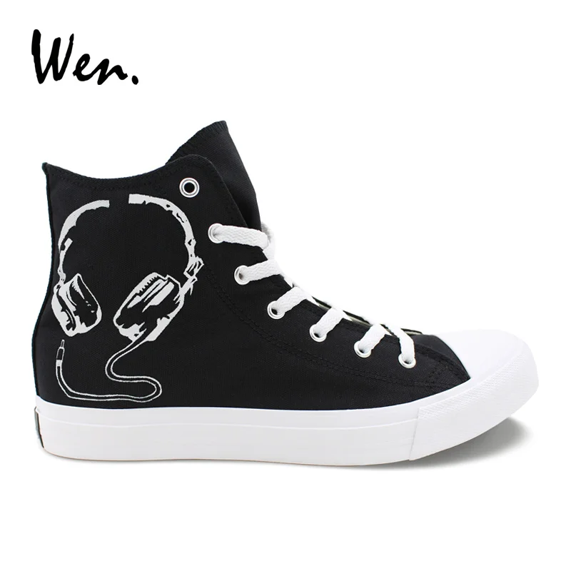 

Wen Original Design Earphones Hand Painted Casual Shoes Custom Canvas Sneakers Women High Top Men Vulcanize Flat Plimsolls
