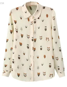 Бесплатная доставка, новинка, женская рубашка, модный воротник, с принтом совы, длинный рукав, шифоновая блузка, топы, Blusa Feminina, 4 размера SV11