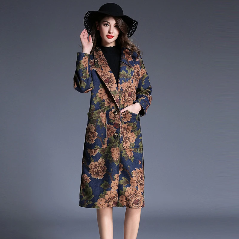 2018 Однобортный цветочный плед печати длинный плащ пальто для Для женщин Весна