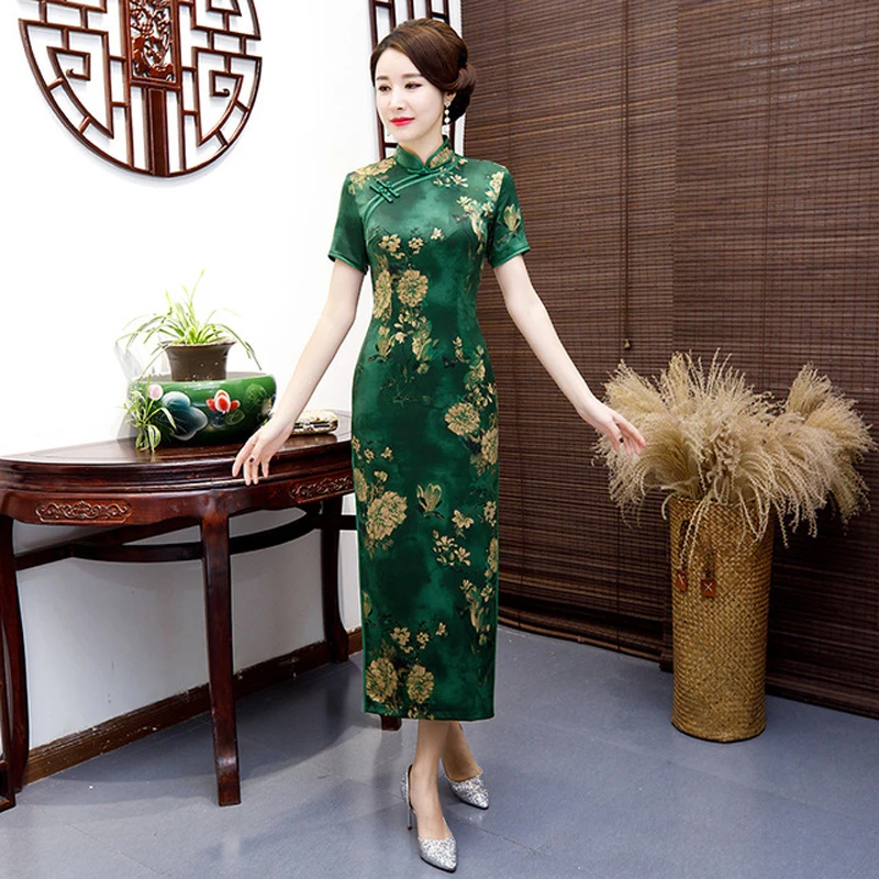 Женское атласное длинное вечернее Ципао Qipao винтажное платье с цветочным принтом