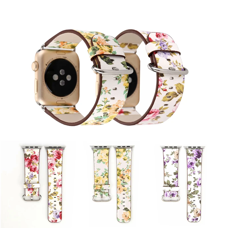 Кожаный ремешок с цветком для часов Apple Watch 44 мм 40 42 38 пасторальный/Сельский