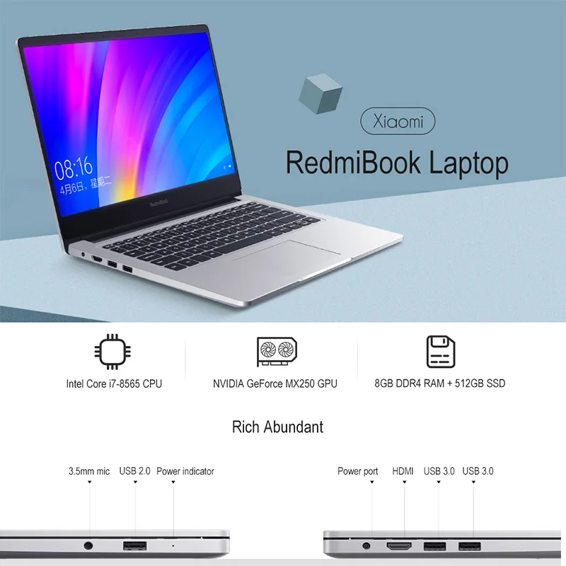 Xiaomi RedmiBook 14 дюймов ноутбук Intel Core i7-8565U/i5-8265 NVIDIA GeForce MX250 четырехъядерный 1 8 ГГц Гб ram