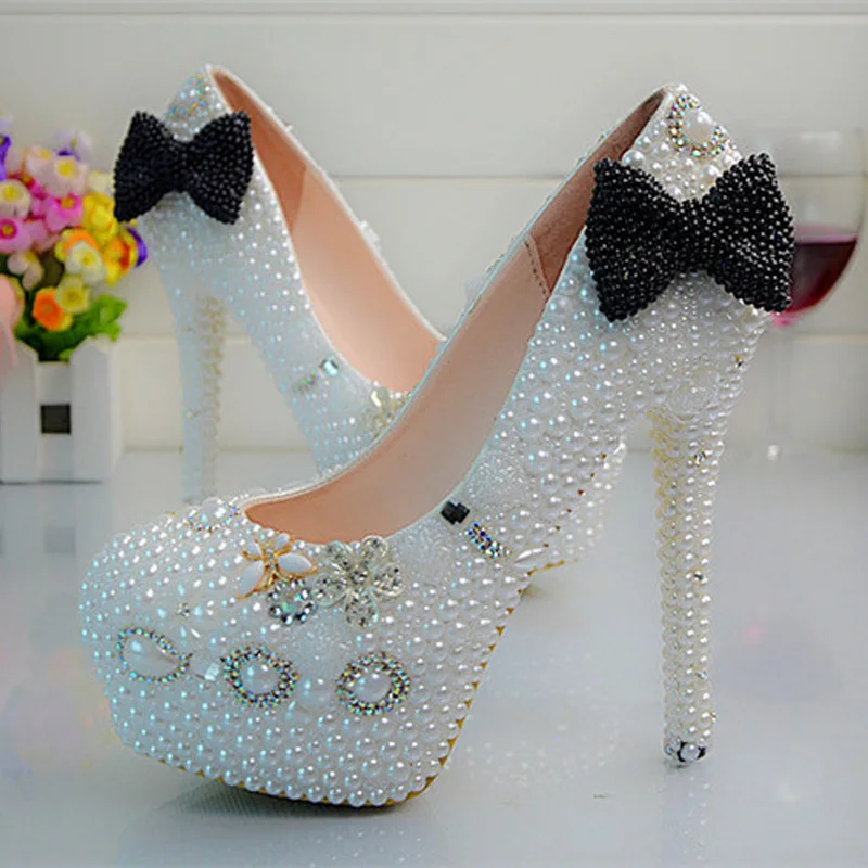 

Luxurious High Heels Nightclub Prom Party Pumps White Pearl Bridesmaid Shoes Bridal Wedding Dress Shoes Pearl Bowtie Shoes
