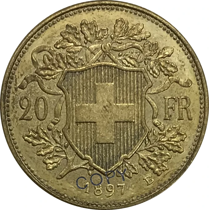 1897 Швейцария 20 Франк Helvetia Золотая монета латунная Коллекционная КОПИЯ
