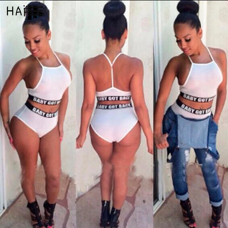 Черно-белой печати Белый Письмо Комплект Бикини 2017 Высокая Талия Женщины Холтер