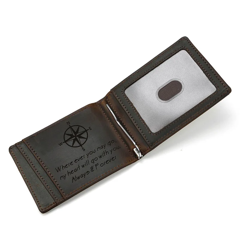 dark brown2 Мужской и женский бумажник из натуральной кожи с двойной складкой crazy horse кожаный тонкий волшебный зажим для денег женский кошелек бумажник зажим для денег чехол - Цвет: dark brown2