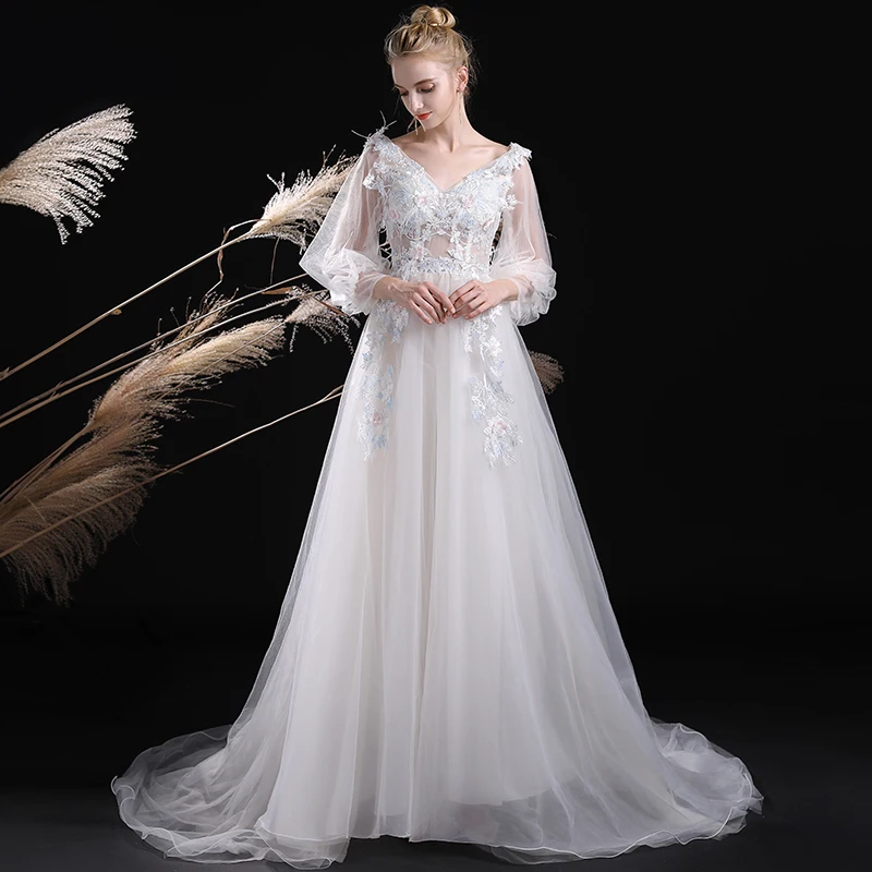 He's Bride White Elegant Evening Dresses V-neck Court Train Floor-Length Appliques Lace Illusion Prom Party Gown Robe De Soiree | Свадьбы