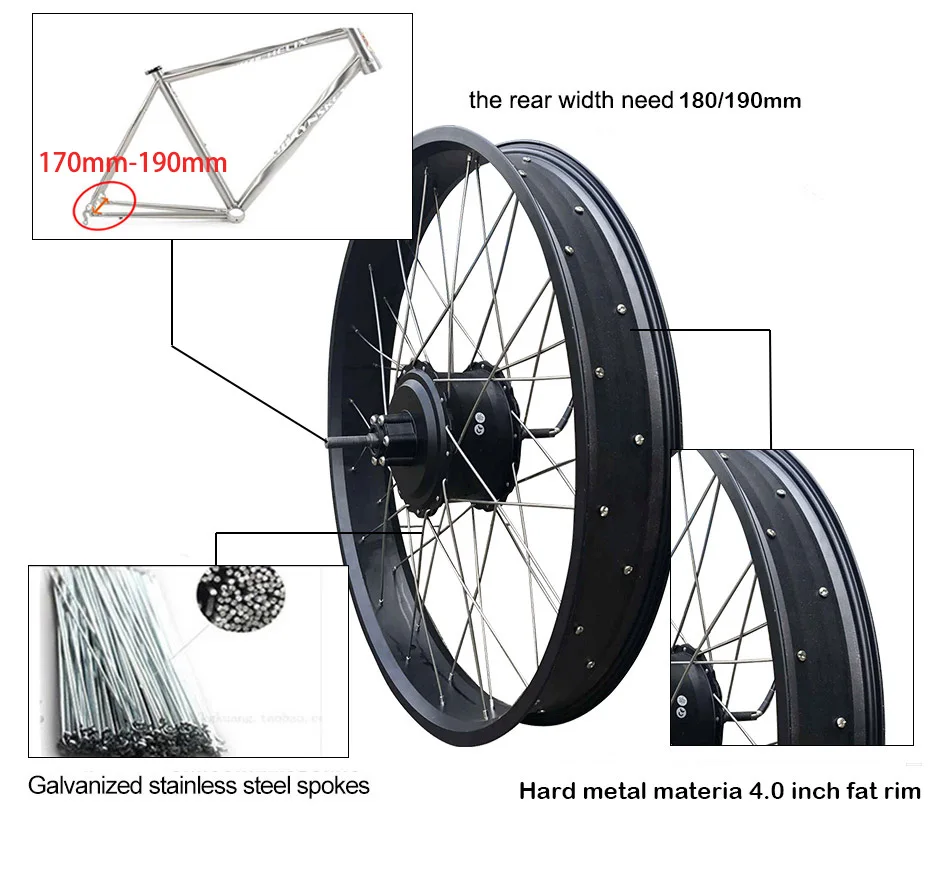 2" 26" 4,0 комплект для электрического велосипеда 48V 1000W с 48V16AH/20AH/LG26A Батарея с толстыми покрышками задний мотор для центрального движения колеса Электрический в комплекте, фара для электровелосипеда в комплект
