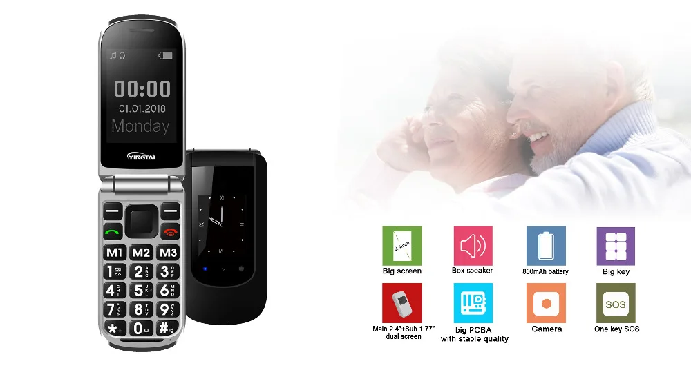 YINGTAI T22 GSM MTK Большой кнопочный телефон для пожилых людей с двумя сим-карты, двойной Экран Флип Мобильный телефон для пожилых 2,4 дюймов раскладушка для мобильного телефона