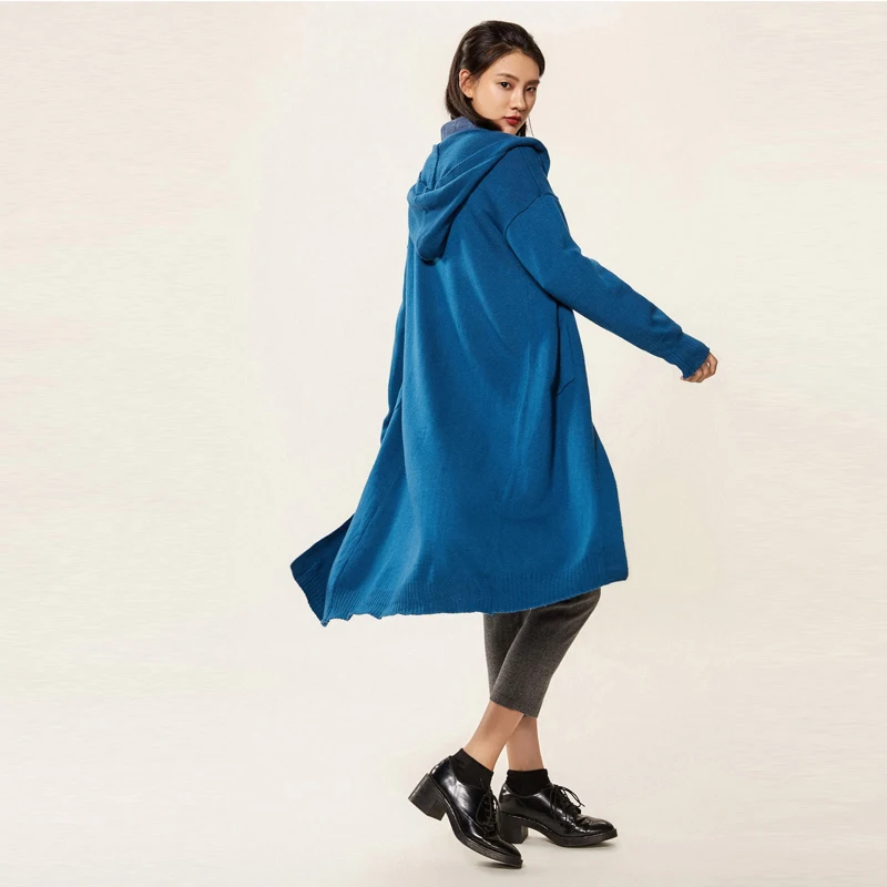 ALKMENE New women's wool long knit cardigan loose paragraph over the knee casual party hooded thick sweater coat large size |