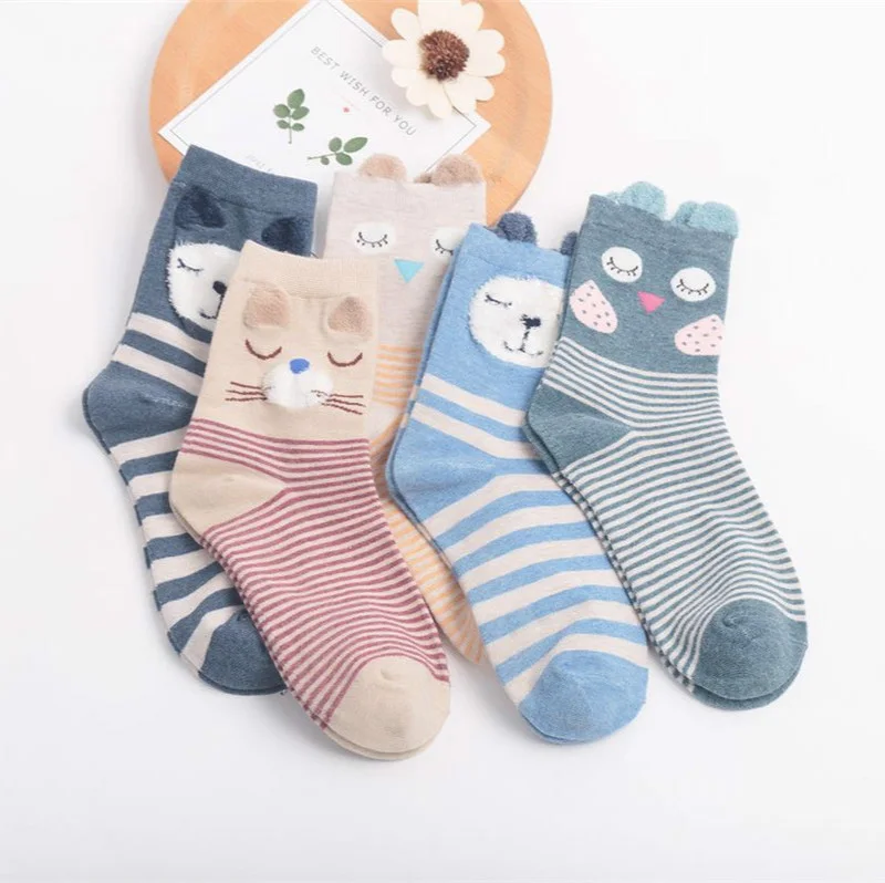 5 пар, женские короткие носки, милые Мультяшные животные, сова, кошка, собака, стереоскопические уши, новинка, женские носки, осень, удобные, хлопок, Meias