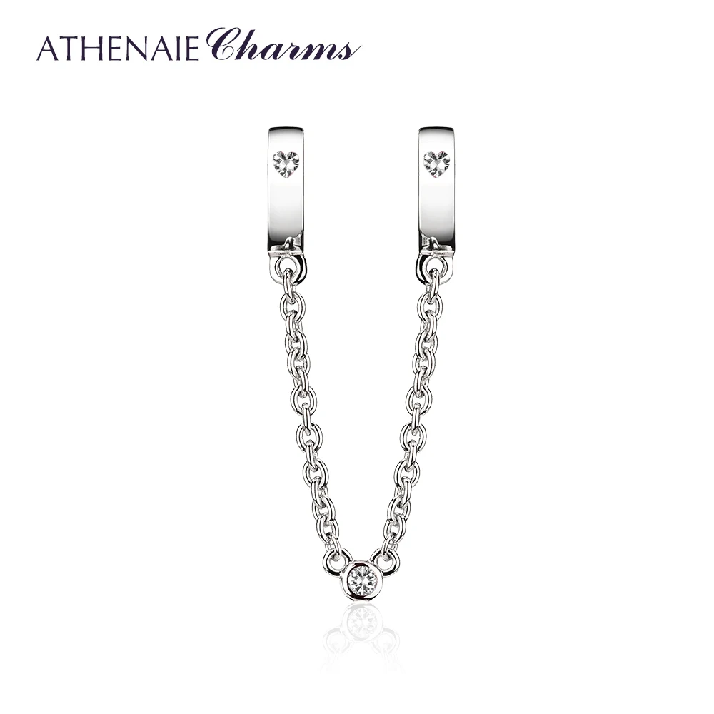 ATHENAIE, 925 пробы, серебро, прозрачный CZ, два сердца, безопасная цепь, Подвески, подходят для европейских браслетов, цвет белый, на День святого Валентина