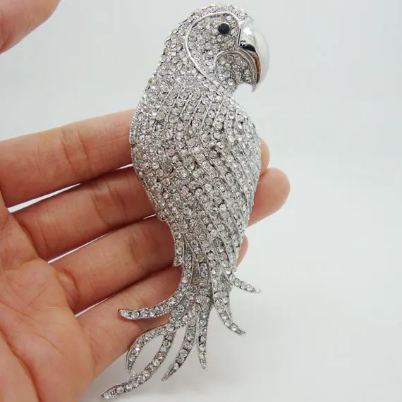 Fashion Jewelry Bride Silver Color Parrot Bird Pendant Brooch Pin Clear Austria Crystal Rhinestone