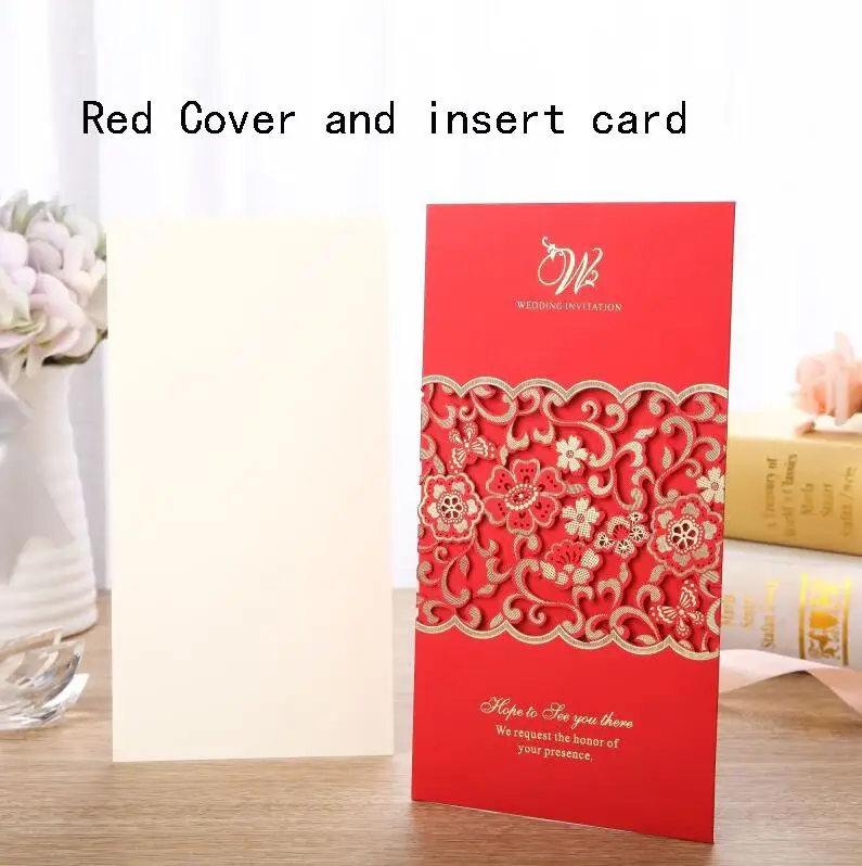 Red Cover and Inner 1 шт., синий, белый, красный, лазерная резка, свадебные пригласительные открытки, роза, элегантная поздравительная открытка, Заказные конверты, украшения для свадебной вечеринки - Цвет: Red Cover and Inner