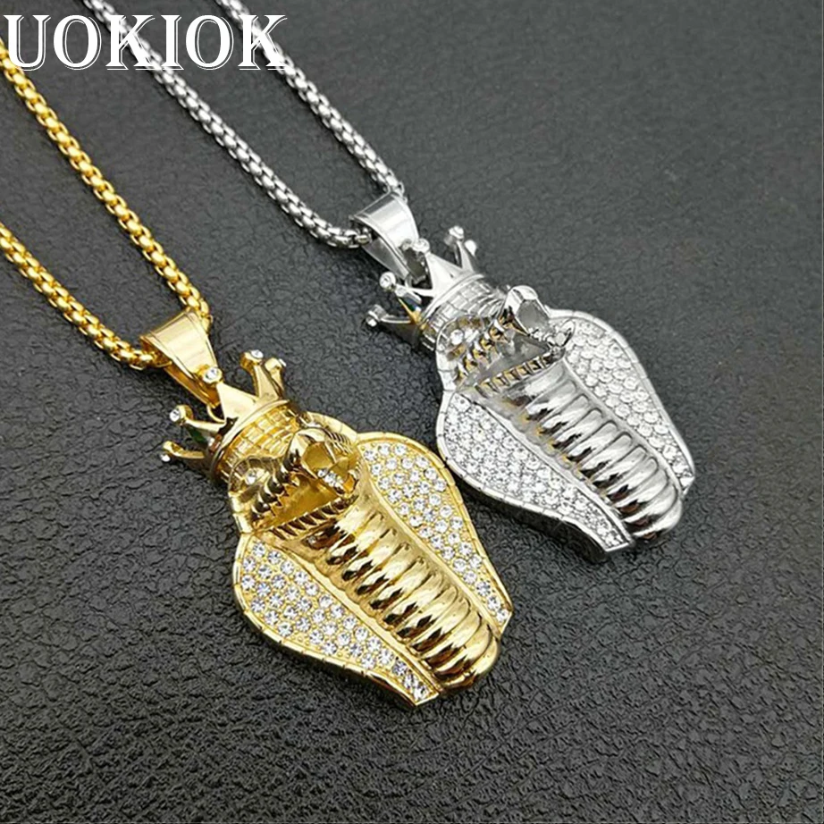 

Hip Hop Iced Out Crown Cobra Pendant Necklace For Men Gold Color Stainless Steel Egyptian Jewelry Male Gift