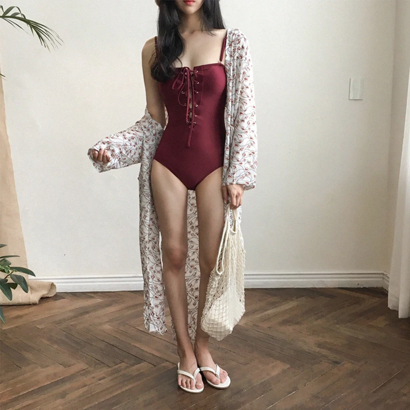 

Women One Piece Swimsuit with Front Sexy Bandage Wine red Color Costumes