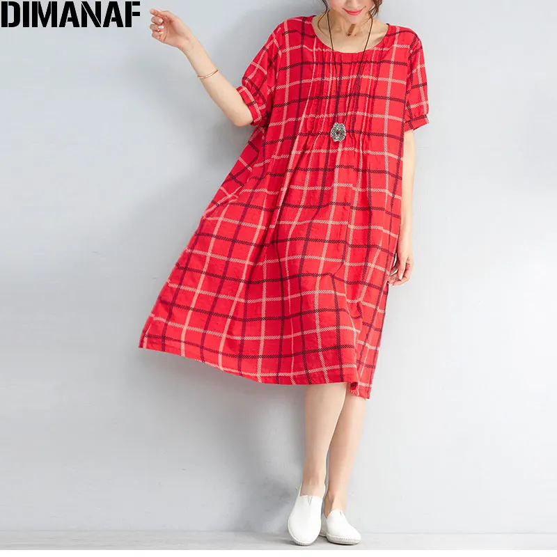DIMANAF плюс размер 2018 летнее Женское Платье льняное клетчатое vestidos красное