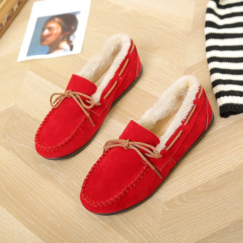 New Lace Up Autumn Winter Women Flats Simple Sewing Warm Fur Comfort Cotton Shoes Woman Loafers Sweet Single Shoes Size 35-40