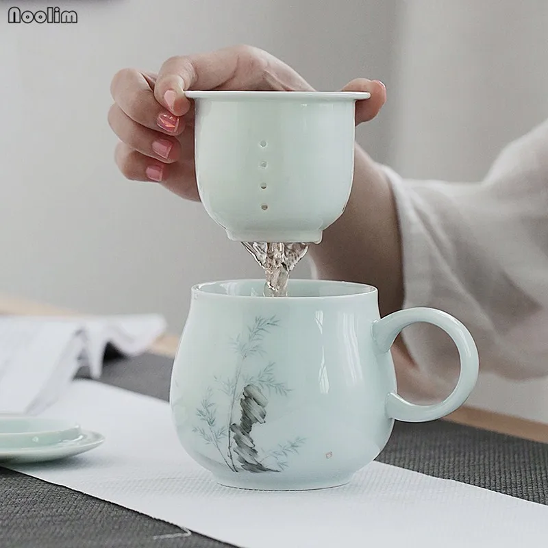 Керамическая чайная чашка NOOLIM Jingdezhen с крышкой и фильтром Офисная для воды