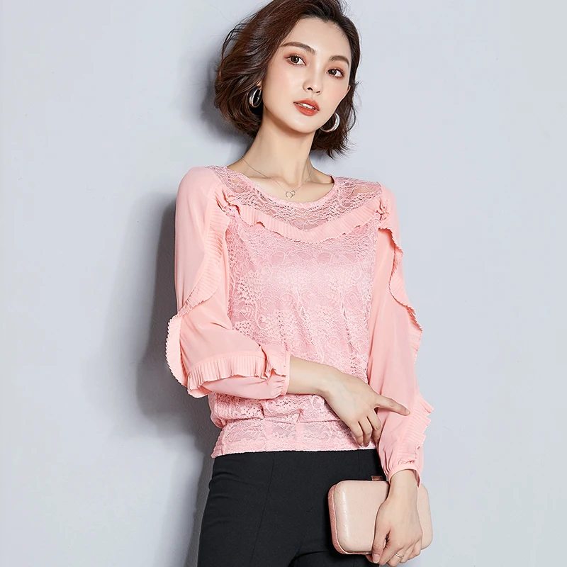 Lace Blouses Women Ruffled Loose Casual Shirts Woman Black Pink Tops Femme Blusas Plus Size 3XL Ladies Summer O-neck | Женская одежда