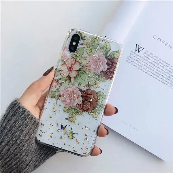 2 Qianliyao, чехлы для телефонов с цветами из золотой фольги для iphone X, XS, Max, XR, 8, 7, 6 S, 6 Plus, тонкая прозрачная мягкая задняя крышка из ТПУ, кружевные цветочные чехлы - Цвет: 2