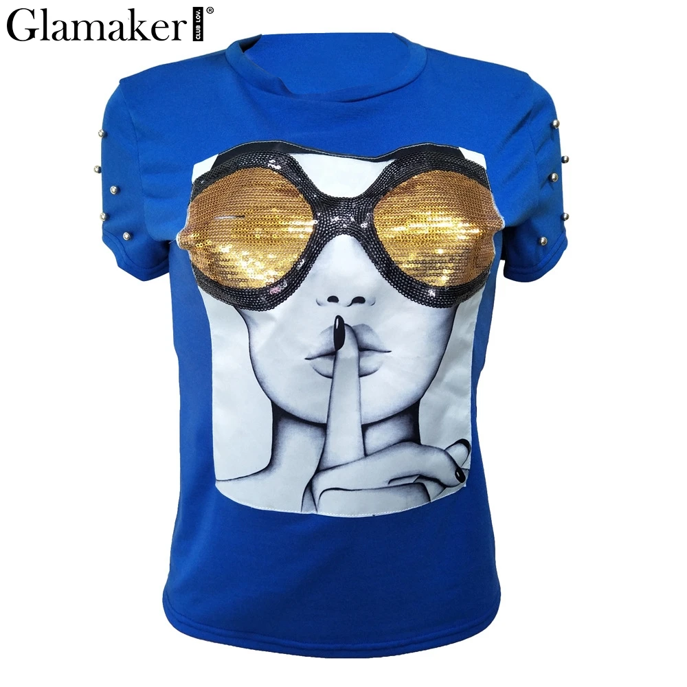 Футболка с коротким рукавом Glamaker черная футболка блестками уличная принтом лица