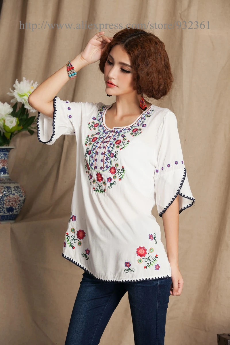 Vintage Mexican Floral Embroidery Women Blouses BOHO Blouse Shirt Summer tops 4 Color shirts blusa Blusas femininas | Женская одежда