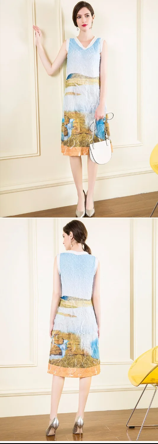 

HOT SELLING Miyake dress sleeveless V-NECK fold print A-line dress IN STOCK