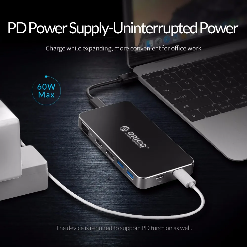 ORICO 8 in 1 Type-C Docking Station Multifunction HUB Laptop Splitter USB C to DP HDMI VGA with 2*USB 3.0 Converter PD |