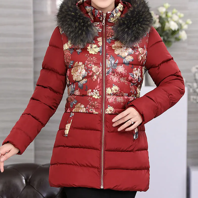 Middle age Ukraine Plus size Fur collar Winter Women Down Cotton Coat Parka 2017 Hooded Thicker Femme Fashion Female Jacket Z211